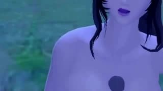 Pareja follando en el bosque en un hentai